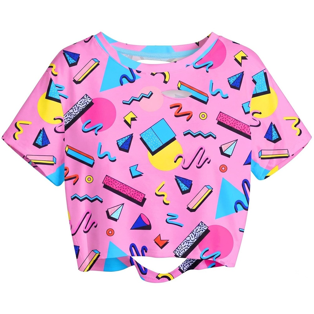 NWT MakeMeChic Women's 80s 90s Geometric Print Cutout Crop Baby Tee Medium